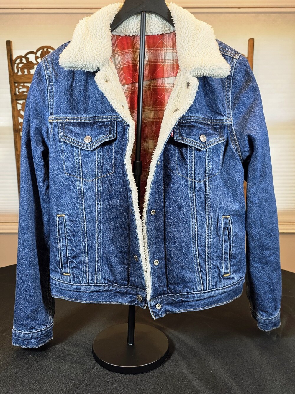 Womens Blue Denim Sherpa-Lined Reversable Jacket